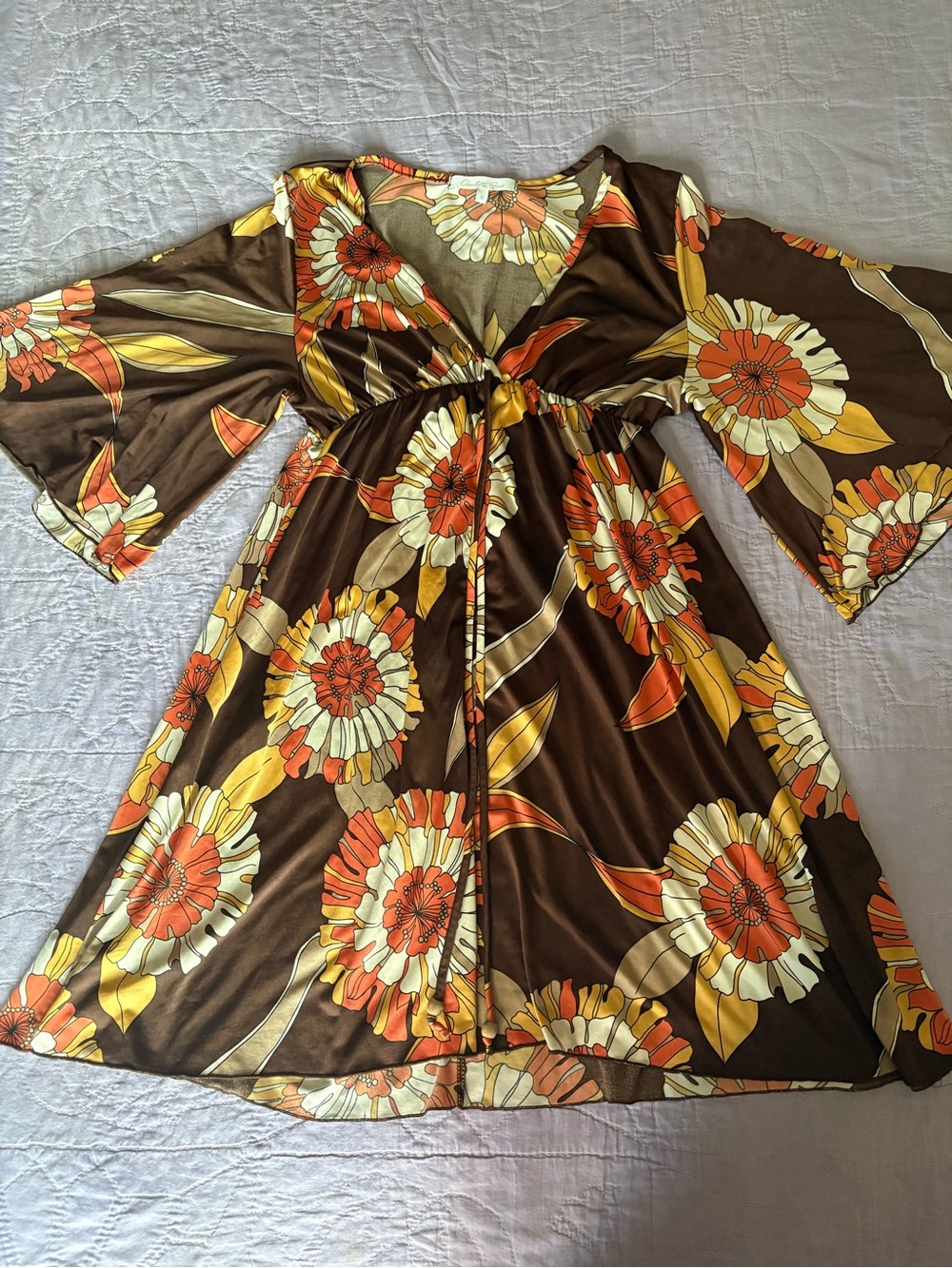 Charlotte Russe Brown Floral V-Neck Bell Sleeve Mini Dress